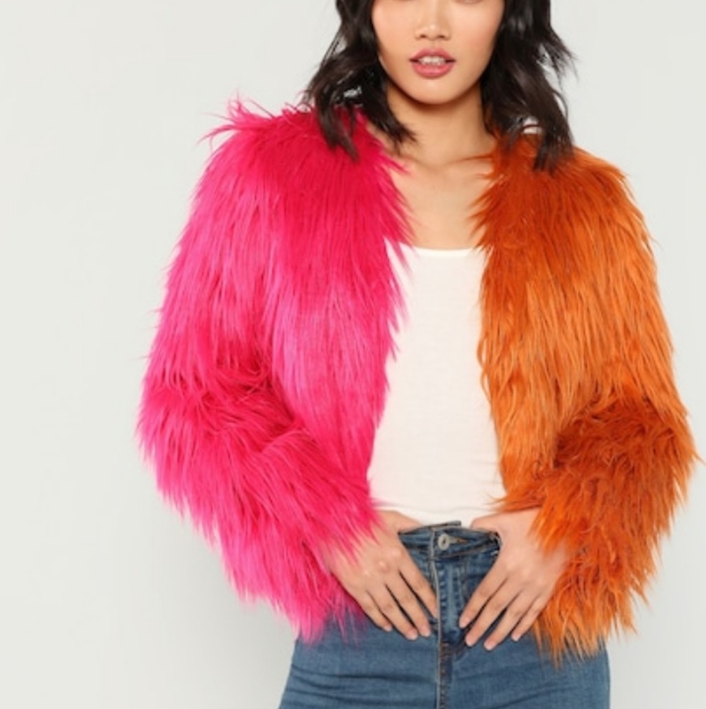 ISO two-tone fur jacket. half and half, Shein